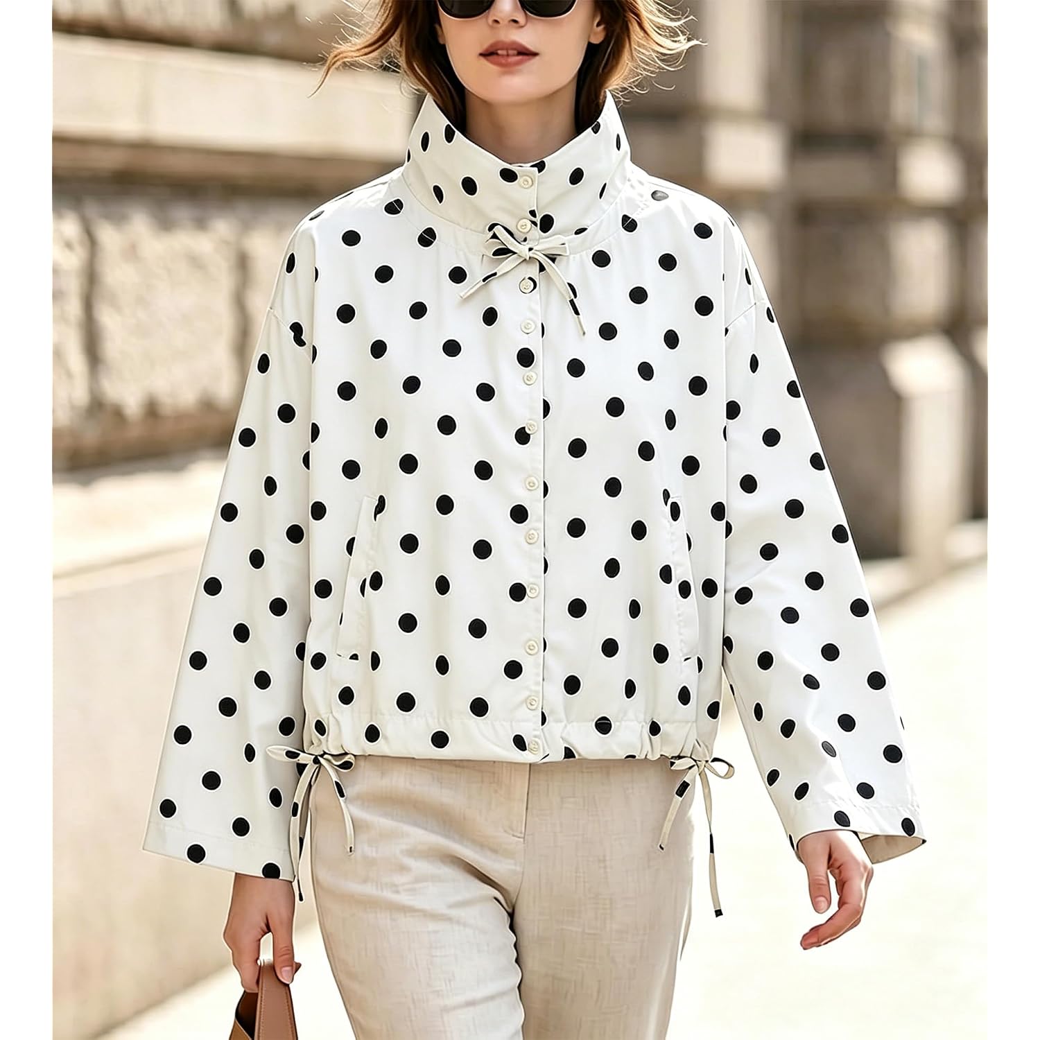 Colorful World Womens Polka Dot Jacket Drawstring Hem Button Front Cropped Lightweight Jacket Relaxed Fit Coat With Pockets