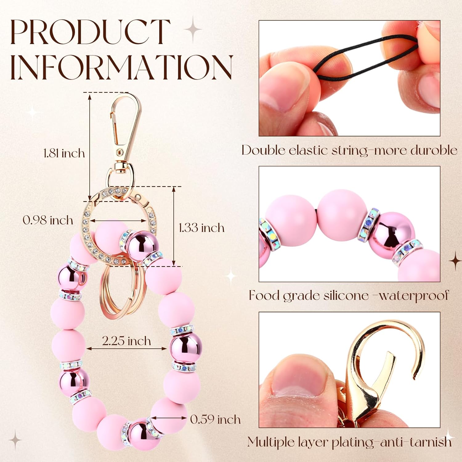 Wristlet Keychain for Women, Cute Silicone Beaded Key Ring Bracelet Elastic Key Holder for Car Keys Gift