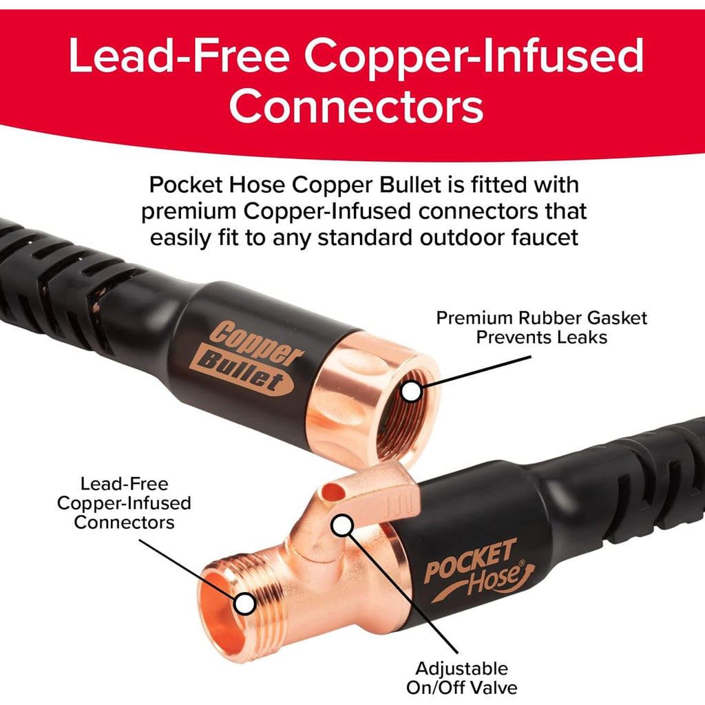 Pocket Hose 50 Ft Copper Bullet Expandable Garden Hose W/10 Pattern Thumb Spray Nozzle As Seen On Tv 650Psi 3/4 In Patented Lead-Free Ultra-Lightweight Solid Copper Anodized Aluminum