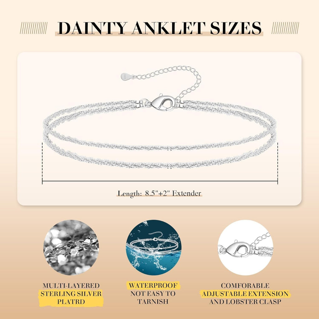 Kenivira Sterling Silver Ankle Bracelets for Women,Gold Dainty Layered Waterproof Anklet for Women, Anklet Set Stackable Beach Gift Adjustable Size