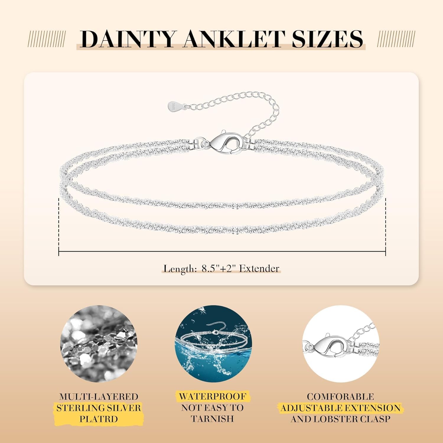 Kenivira Sterling Silver Ankle Bracelets for Women,Gold Dainty Layered Waterproof Anklet for Women, Anklet Set Stackable Beach Gift Adjustable Size