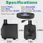 Submersible Pump 150Gph (550 L/H 9.5W) Ultra Quiet With Over Heating Protection 4Ft High Lift For Fountains, Hydroponics, Ponds, Aquariums & More