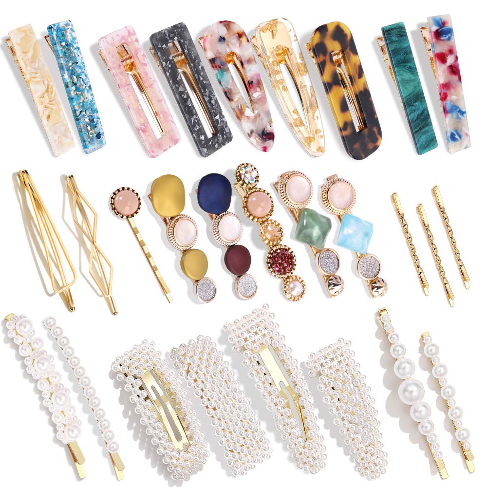 28 Pcs Hingwah Pearls And Acrylic Resin Hair Clips, Handmade Hair Barrettes, Marble Alligator Bobby Pins, Glitter Crystal Geometric Hairpin, Elegant Gold Hair Accessories, Gifts For Women Girls