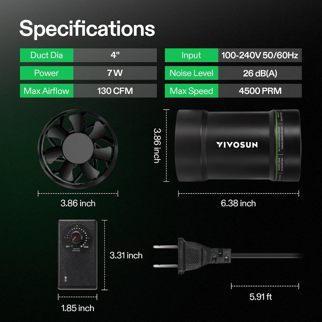 Vivosun 4" Inline Fan &Speed Controll 130 Cfm Exhaust Fan For Home Workshop | Low Noise Duct Fan, Hvac Ventilation, Vent Booster Fan In Grow Tents, Basements, Bathrooms, Kitchens, Attics, 3D Printer