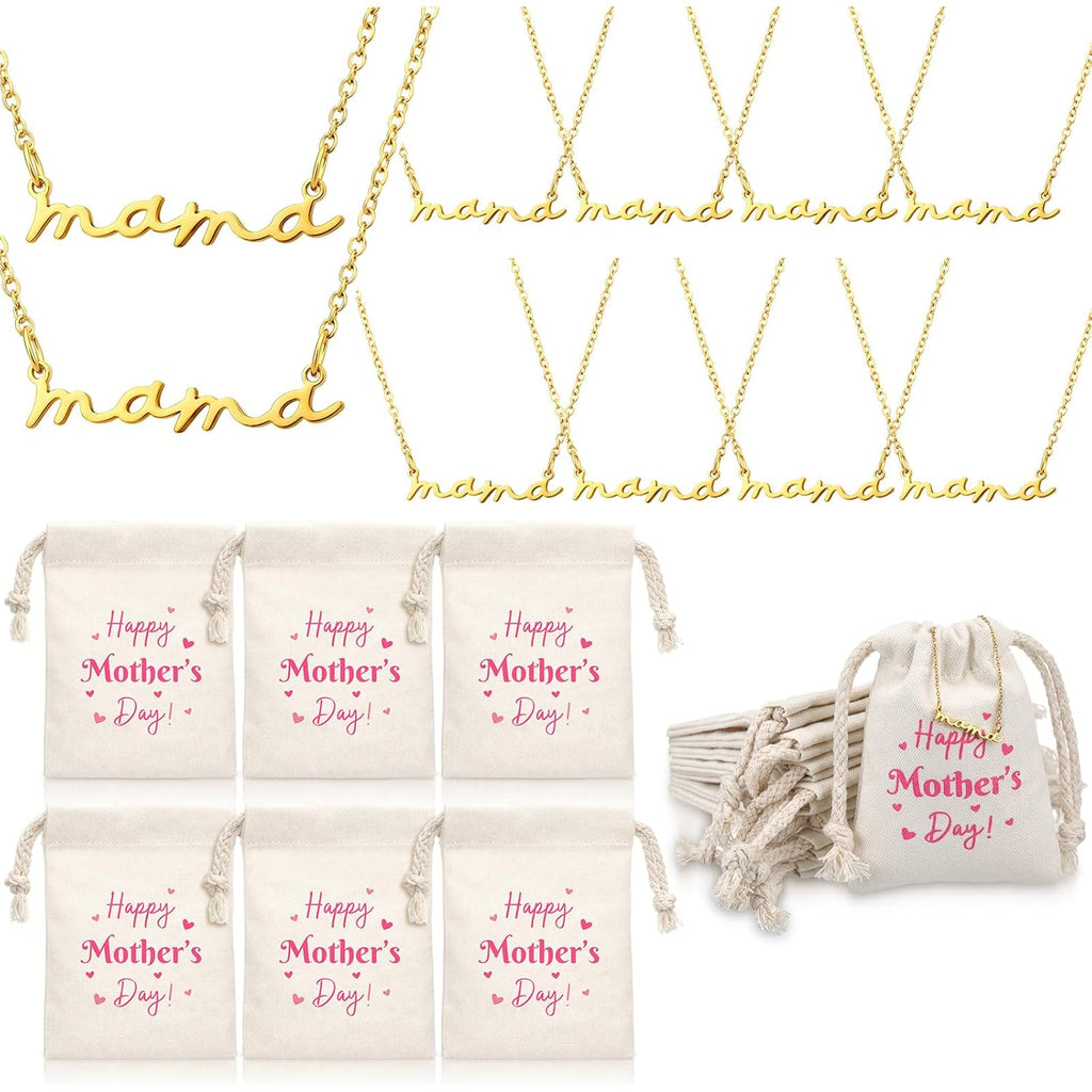 Yinkin 12 Pcs Mom Necklace Bulk Mother Day Church Gifts Mama Pendant Necklace with Drawstring Canvas Bags Jewelry for Women Wife