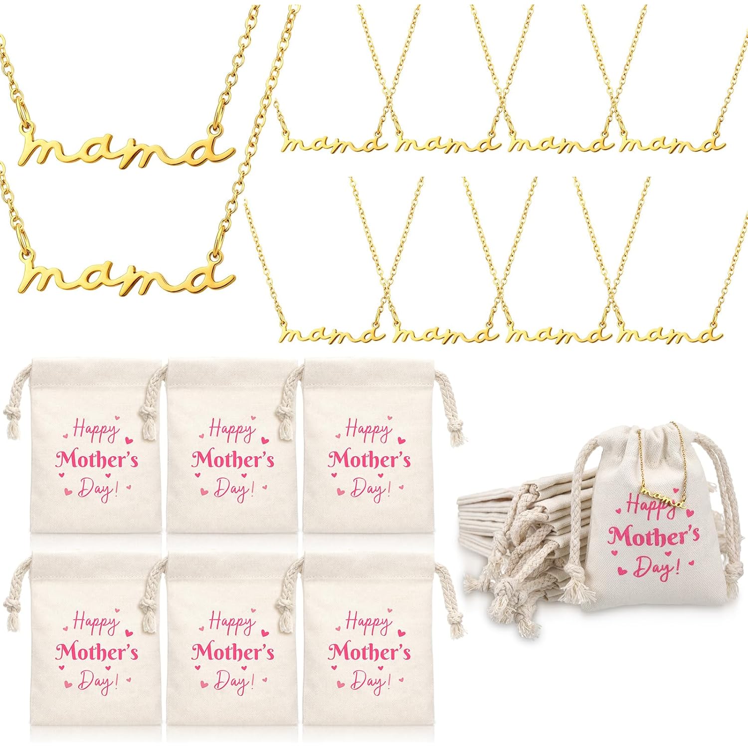 Yinkin 12 Pcs Mom Necklace Bulk Mother Day Church Gifts Mama Pendant Necklace with Drawstring Canvas Bags Jewelry for Women Wife