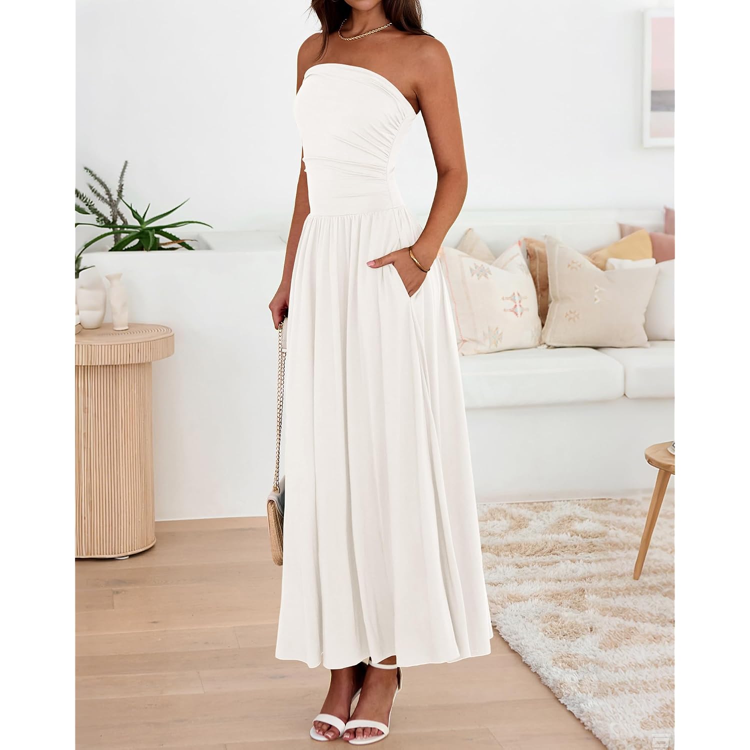 Btfbm Summer Maxi Dresses For Women 2026 Strapless Ruched Tube Top Beach Vacation Spring Wedding Guest Dress Pockets