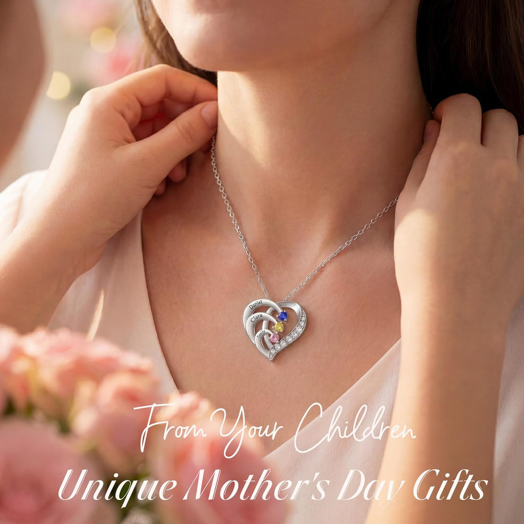 Easycosy Custom Name Necklace with Birthstones Mothers Day Gifts for Mom, Wife, Customized Promise Necklace Heart Pendant with Engraved 2-6 Names - Birthday Jewelry Gifts for Women Grandma Her