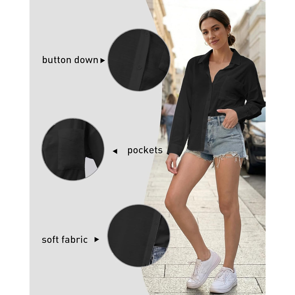 Womens Button Down Shirts Long Sleeve Linen Casual Collared Blouses Loose Fit