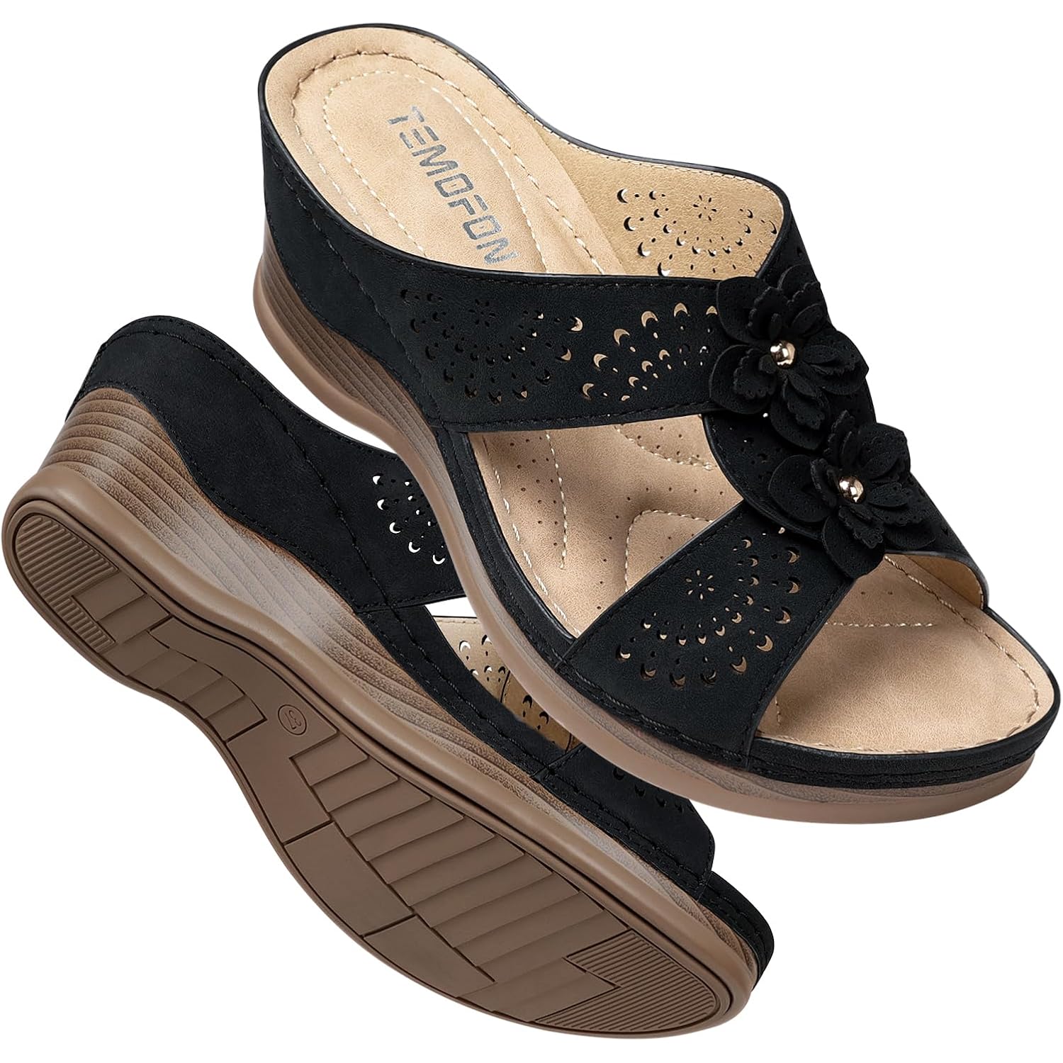 Temofon Womens Wedge Sandals Leather: Comfortable Walking Shoes Summer | Fit Wide Foot - Cute Style - Wear True Size 5-11
