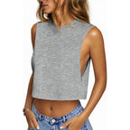 Fisoew Womens Workout Cropped Tank Tops Boxy Loose Fit Casual Sleeveless Shirts Athletic Crew Neck Summer Basic Tees