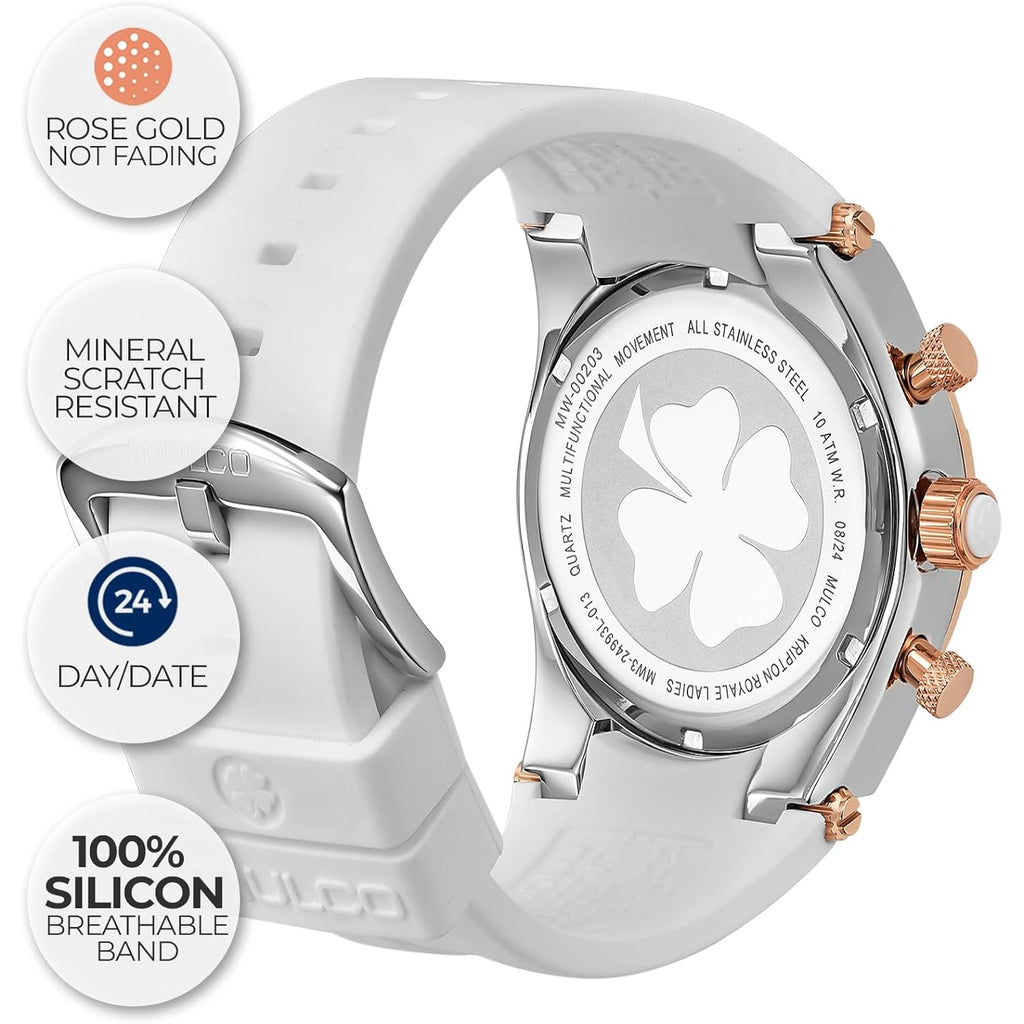 Mulco Watches For Women, Kripton Lady – 46 Mm Stainless-Steel Case, Black With Wrist Silicone Band, Quartz Multifunctional Day And Date Movement,Analog Display - Rose Gold Accents, 100M- Waterproof
