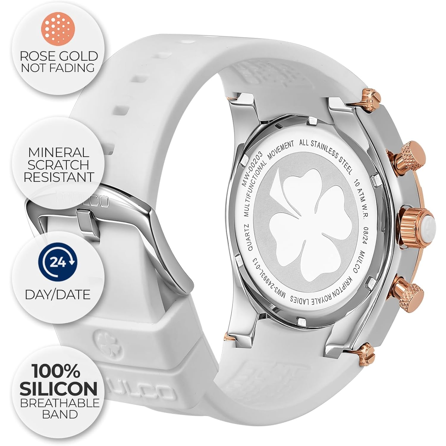 Mulco Watches For Women, Kripton Lady – 46 Mm Stainless-Steel Case, Black With Wrist Silicone Band, Quartz Multifunctional Day And Date Movement,Analog Display - Rose Gold Accents, 100M- Waterproof