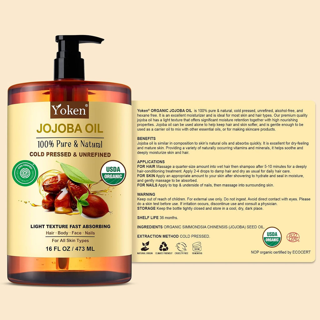 Yoken Organic Jojoba Oil 16Oz, Usda Certified Cold Pressed For Skin Care