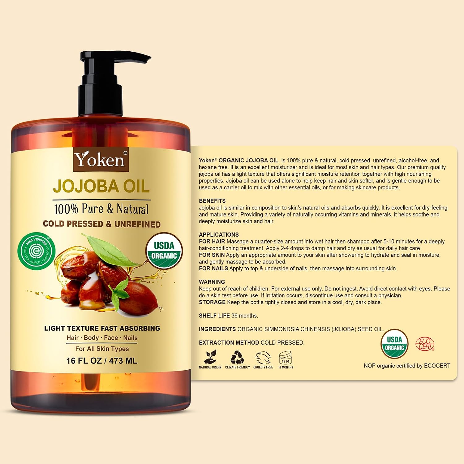 Yoken Organic Jojoba Oil 16Oz, Usda Certified Cold Pressed For Skin Care