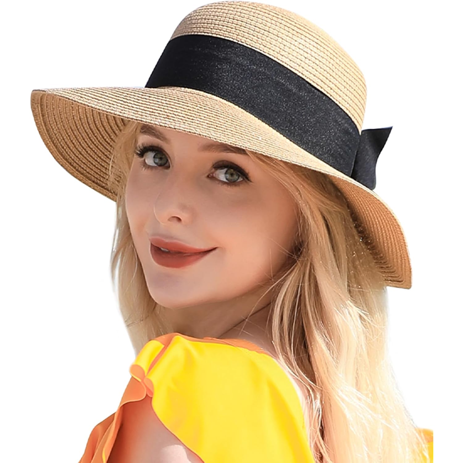 Beach Sun Straw Hats for Women, UPF 50+ UV Sun Protection Wide Brim Summer Straw Hat Foldable Packable Roll up Cap