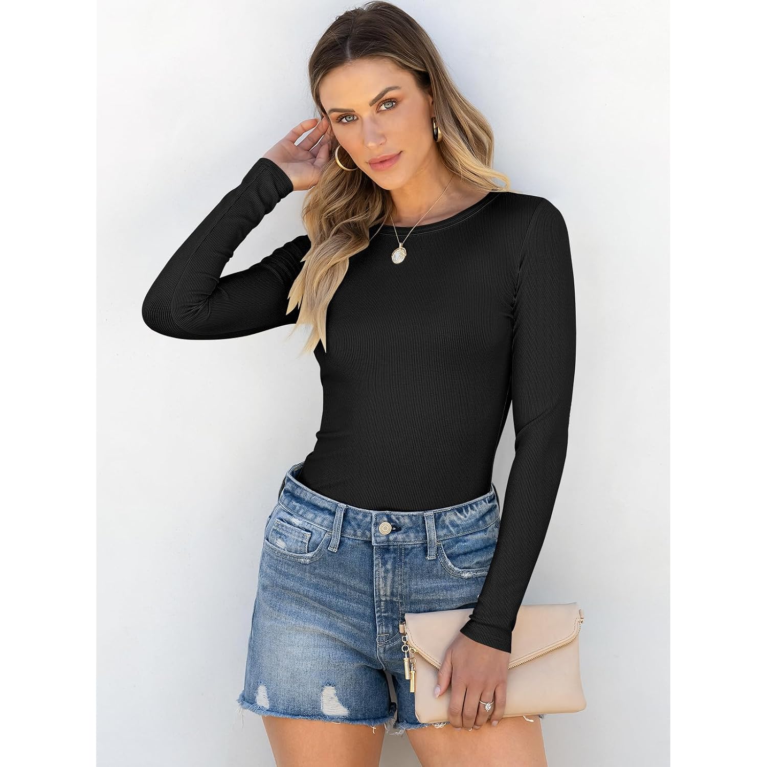 Anrabess Women Long Sleeve Shirts Rib Knit Slim Fit Tops Basic Tee Spring Outfits Casual T-Shirt Underscrubs Layer Clothes