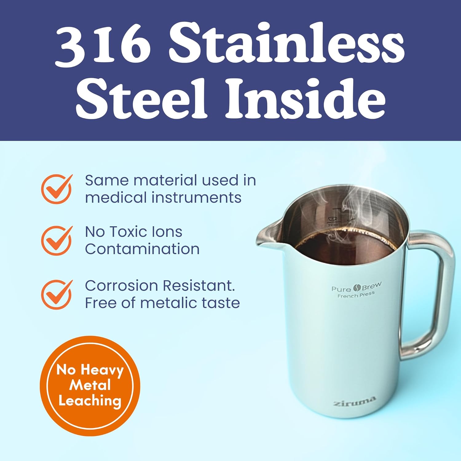 Ziruma Non-Toxic French Press, Surgical Stainless Steel Coffee Press, Plastic-Free, Heavy Metal-Free, No Endocrine Disruptors, 34 Oz, Double Wall, 4-Layer Filter, Portable Coffee Maker