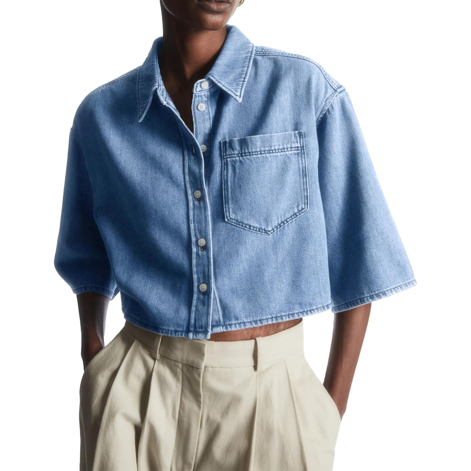 Tankaneo Womens Crop Denim Shirt Half Sleeve Button Down Short Jean Jacket With Pocket