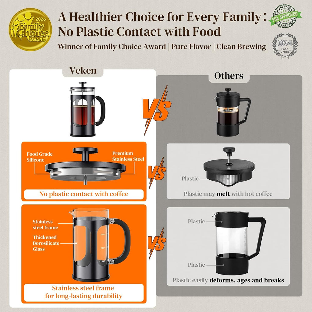 Veken French Press Coffee Maker 34Oz, No Plastic Touching Cafe,Thickened Glass Stainless Steel Brewer, Cold Brew Cafetera Tea Pot For Kitchen Travel Camping, Gifts, Decor, Bar Accessories, Dark Pewter