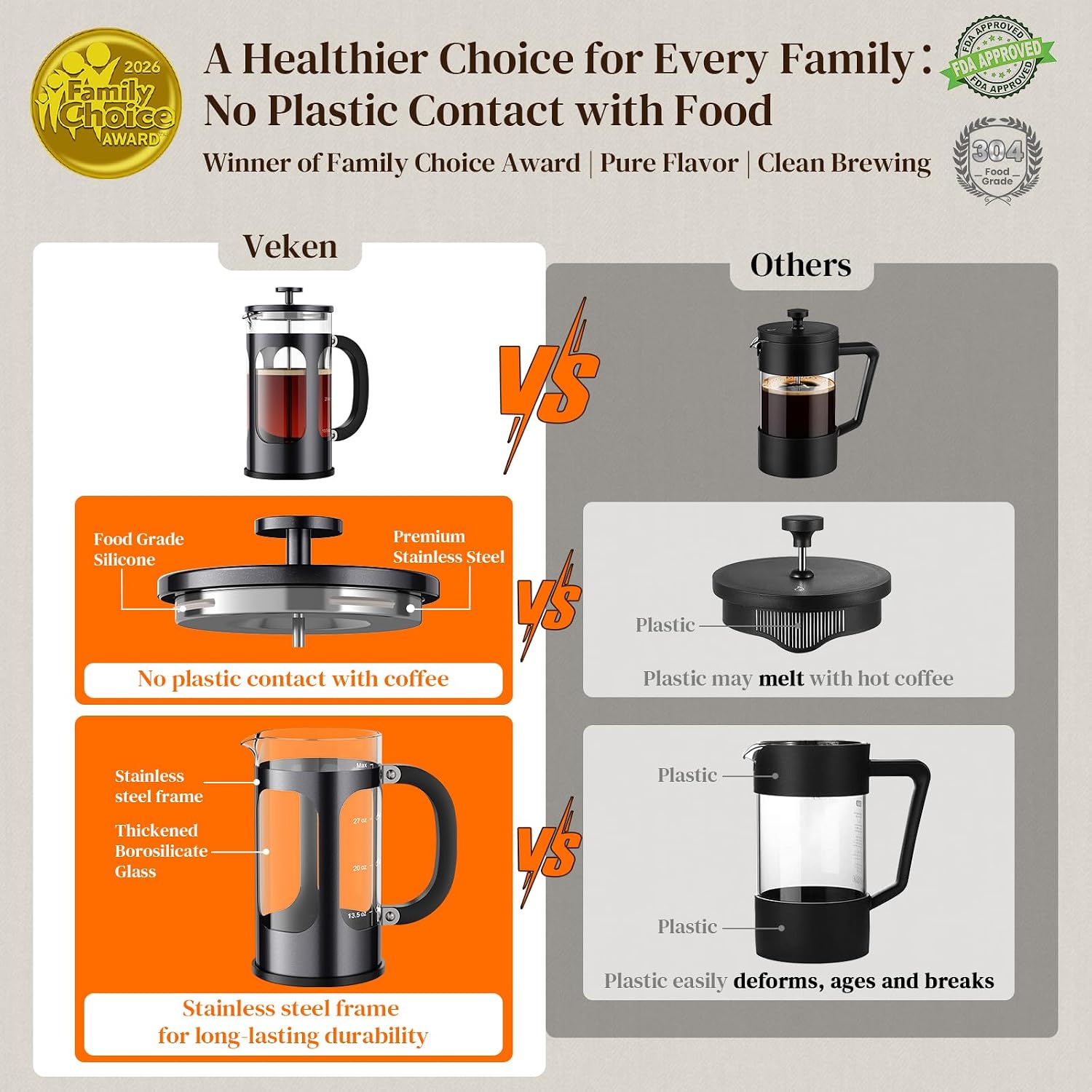 Veken French Press Coffee Maker 34Oz, No Plastic Touching Cafe,Thickened Glass Stainless Steel Brewer, Cold Brew Cafetera Tea Pot For Kitchen Travel Camping, Gifts, Decor, Bar Accessories, Dark Pewter