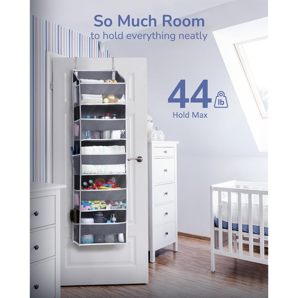 Ulg 1 Pack Over Door Organizer With 5 Large And 10 Mesh Side Pockets, 44 Lbs Weight Capacity Hanging Storage With Clear Window Kids Toys, Shoes, Diapers, Dark Grey, 5 Layers
