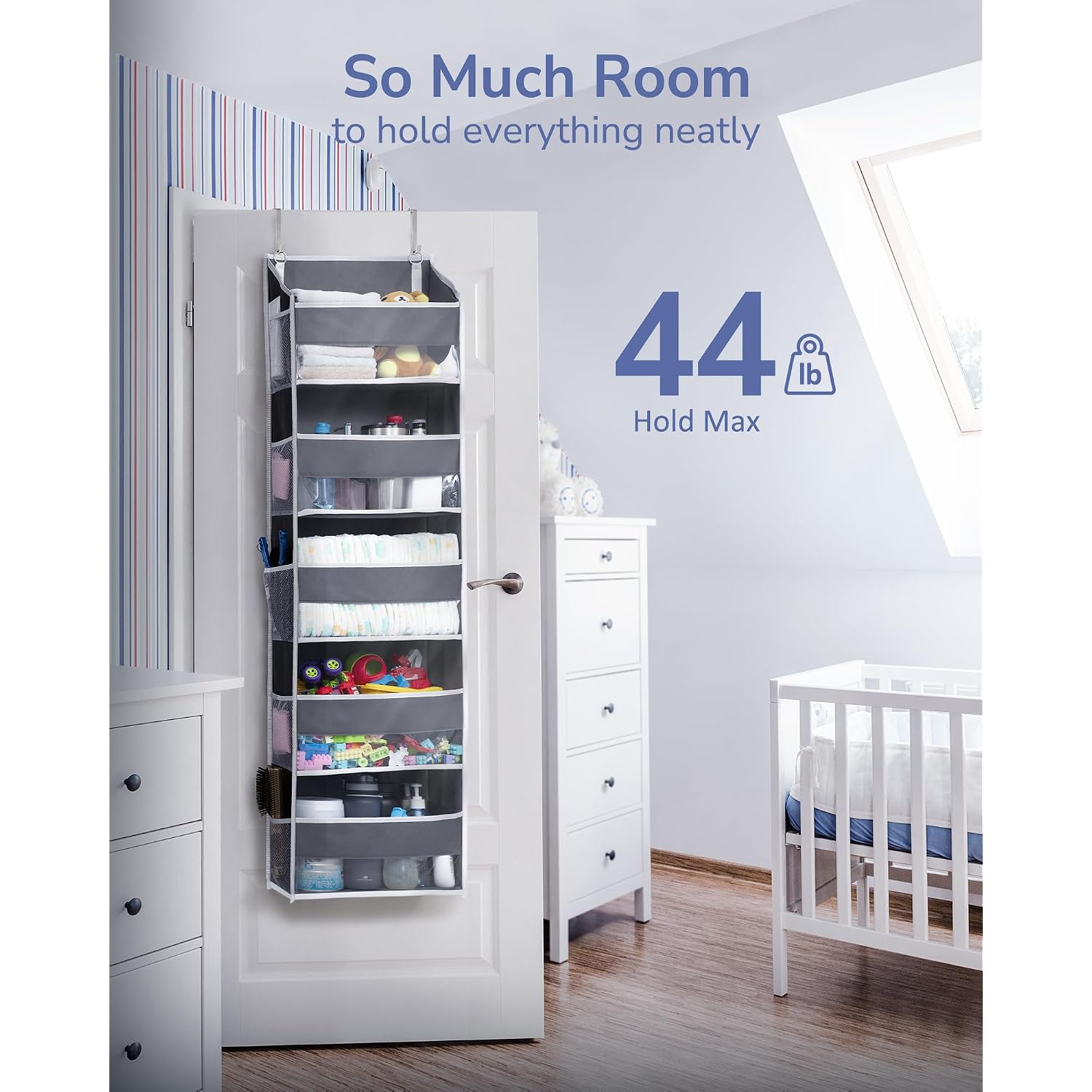 Ulg 1 Pack Over Door Organizer With 5 Large And 10 Mesh Side Pockets, 44 Lbs Weight Capacity Hanging Storage With Clear Window Kids Toys, Shoes, Diapers, Dark Grey, 5 Layers
