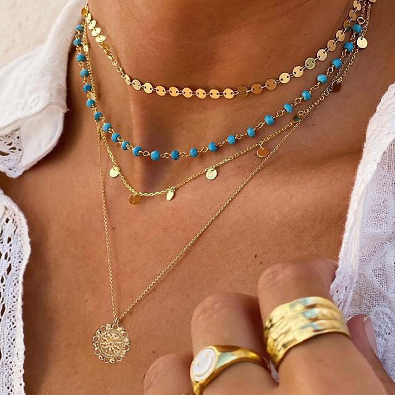 Gold Layered Turquoise Necklace for Women Multi Boho Long Necklace Bohemian Coin Pendant Necklaces Jewelry