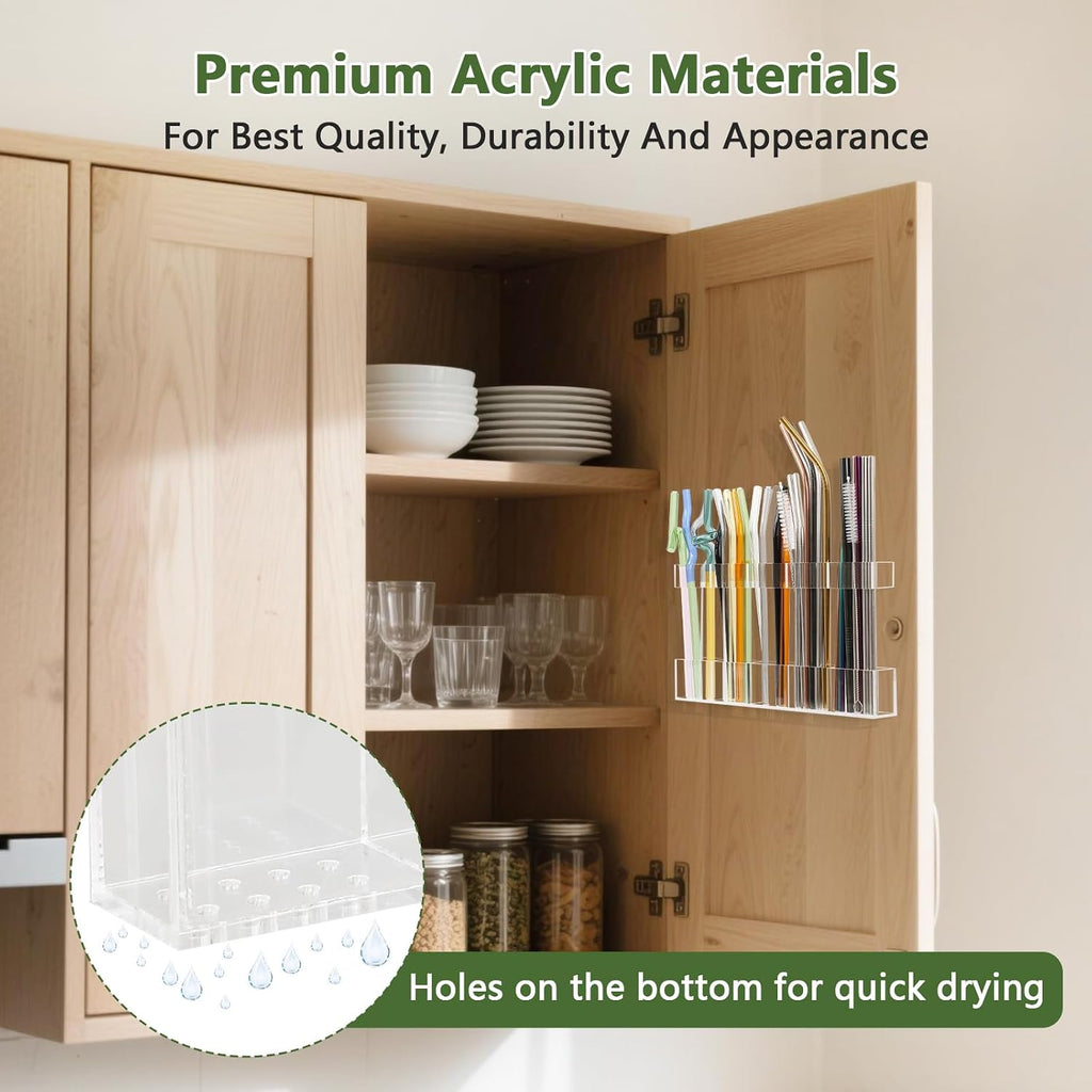 Malldii 9.5" Large Acrylic Straw Holder For Cabinet Door - Reusable Tumbler Straw Organizer Storage, Small Kitchen Accessories Container, Ultra Sticky Cupboard Door Mounted (Transparent)
