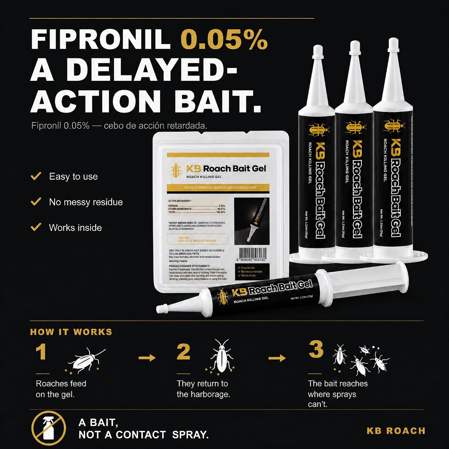 German Roach Killer Indoor Infestation For Home | 97~99% Lab-Tested Mortality In 14 Days - 0.05% Fipronil | 90-Day Whole-Home Protocol, 4 Syringes