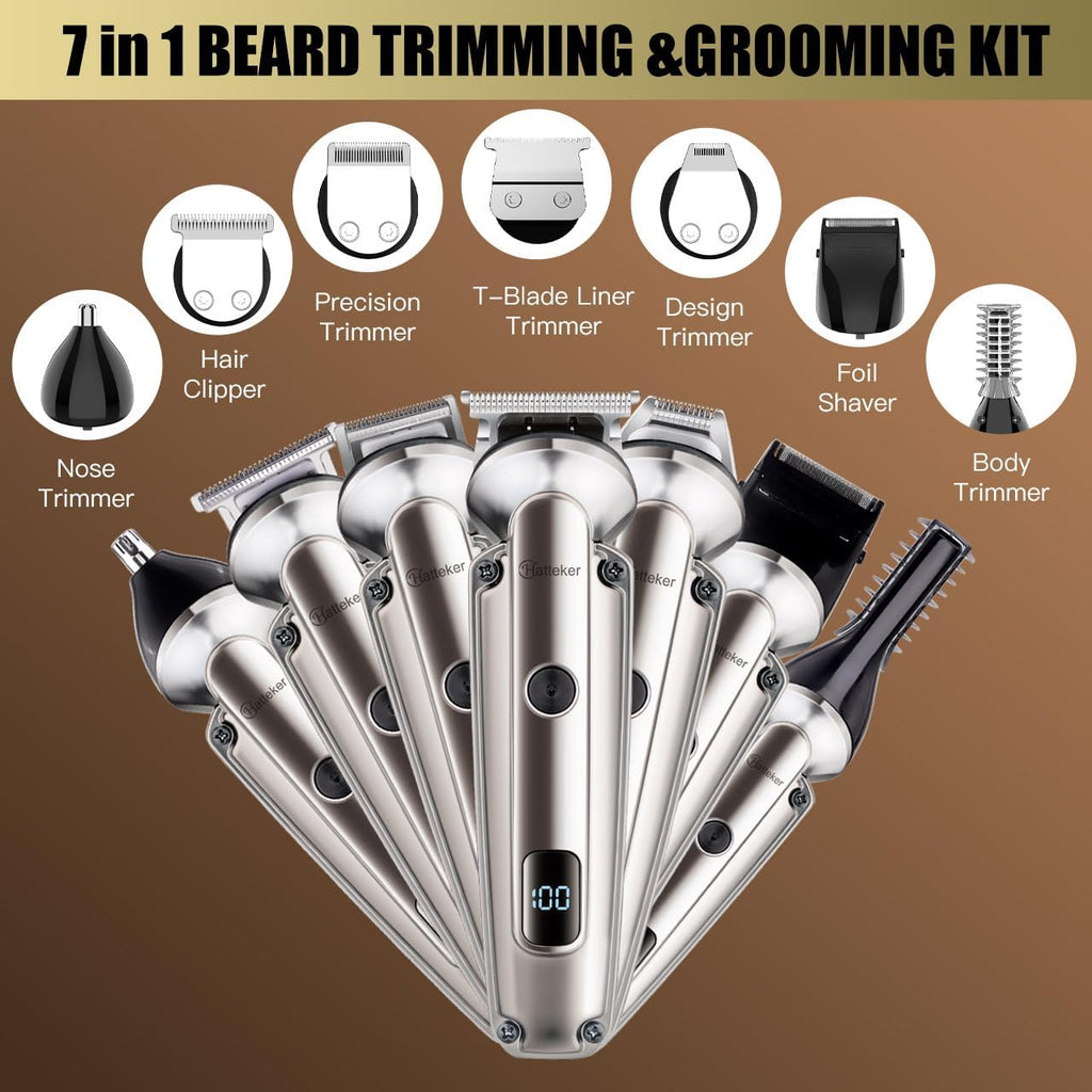 Hatteker Beard Trimmer For Men, Waterproof Hair Trimmer Electric Razor, Cordless Hair Clippers Shavers For Men, Shaving Kit For Nose Mustache Body Facial, Beard Grooming Kit 7 In 1