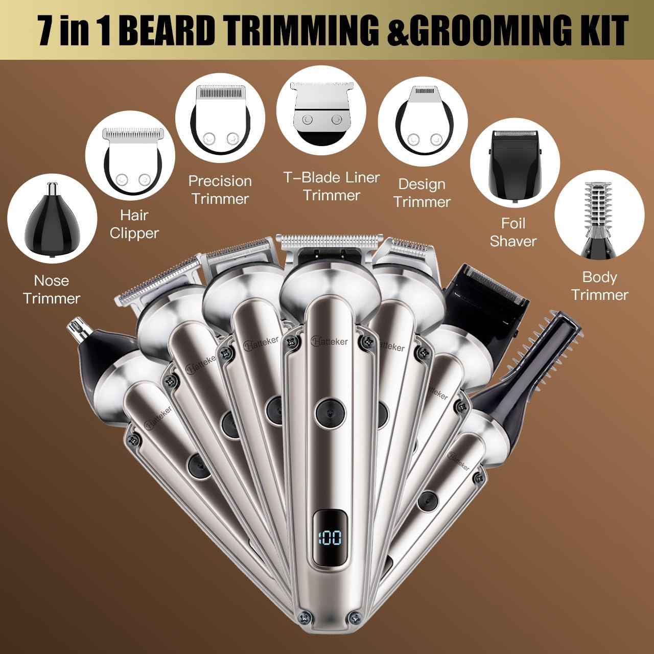 Hatteker Beard Trimmer For Men, Waterproof Hair Trimmer Electric Razor, Cordless Hair Clippers Shavers For Men, Shaving Kit For Nose Mustache Body Facial, Beard Grooming Kit 7 In 1