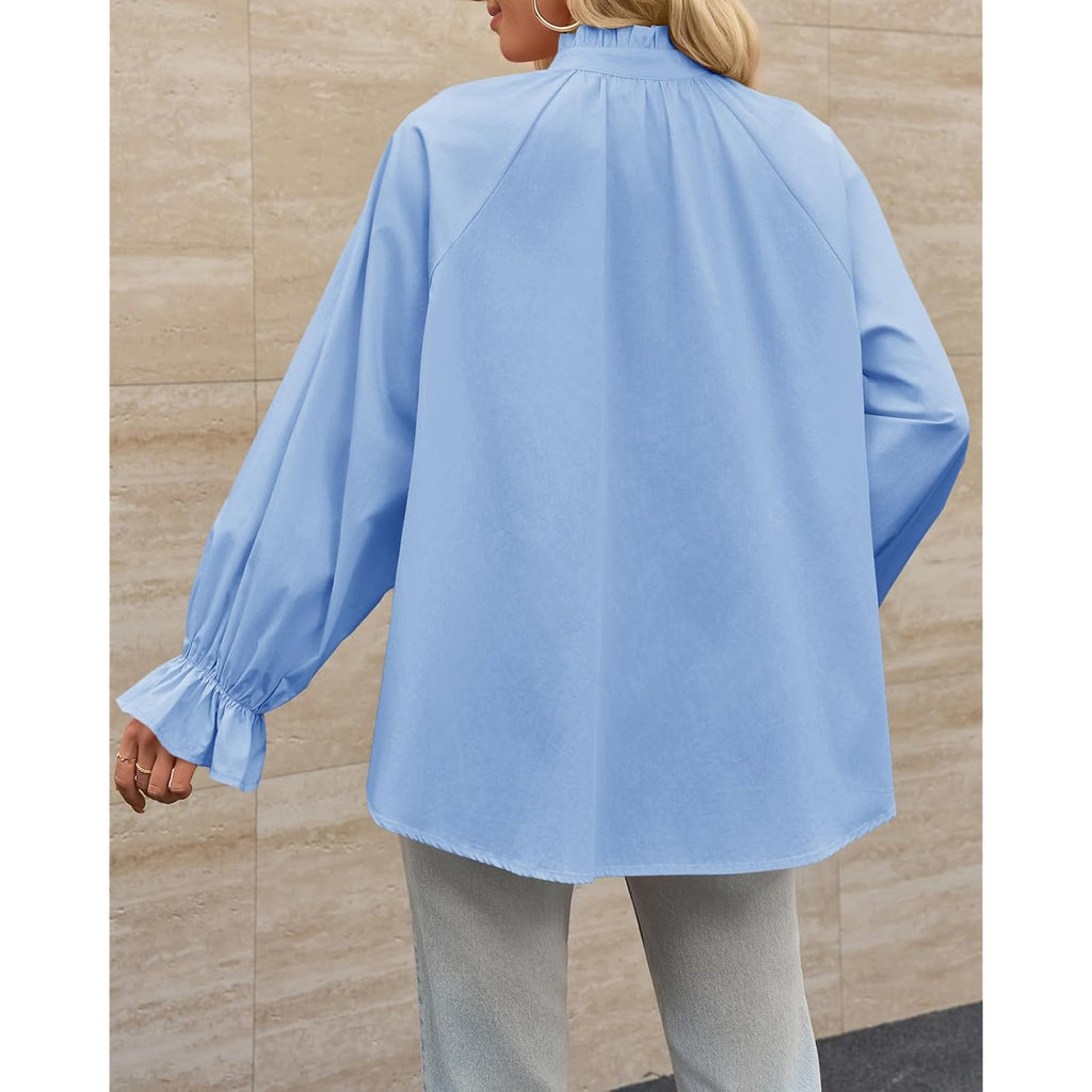 Womens Puff Long Sleeve Button Down Shirts Pleated V Neck Cotton Blouses Loose Fit Casual Ruffle Tops