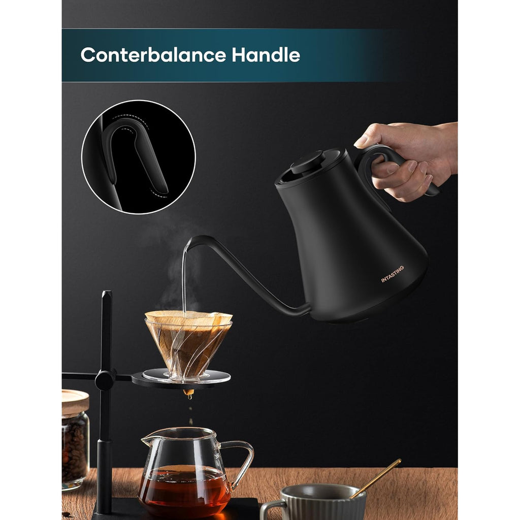 INTASTING Electric Kettle, Gooseneck Electric Kettle, ±1℉ Precise Temperature Control, Stainless Steel Interior, Quick Heating for Pour Over Coffee, Tea & Boiling Water, 0.9L (Black)