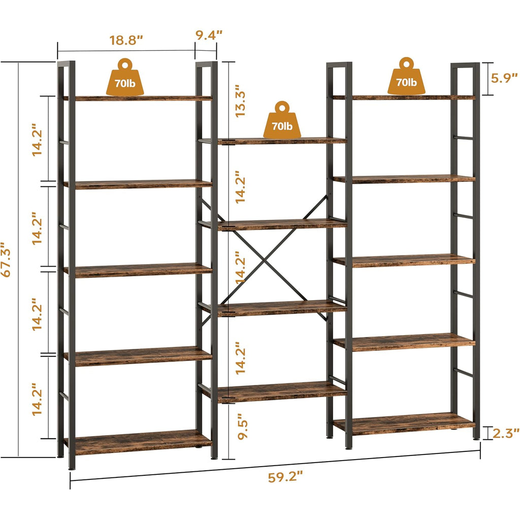 Shintenchi Triple Column 5 Tier Bookshelf, Industrial Large Bookcase Display Shelves, Large Etagere Bookshelf,Wide Book Shelf Book Case For Home & Office, Rustic Brown