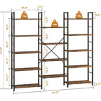 Shintenchi Triple Column 5 Tier Bookshelf, Industrial Large Bookcase Display Shelves, Large Etagere Bookshelf,Wide Book Shelf Book Case For Home & Office, Rustic Brown