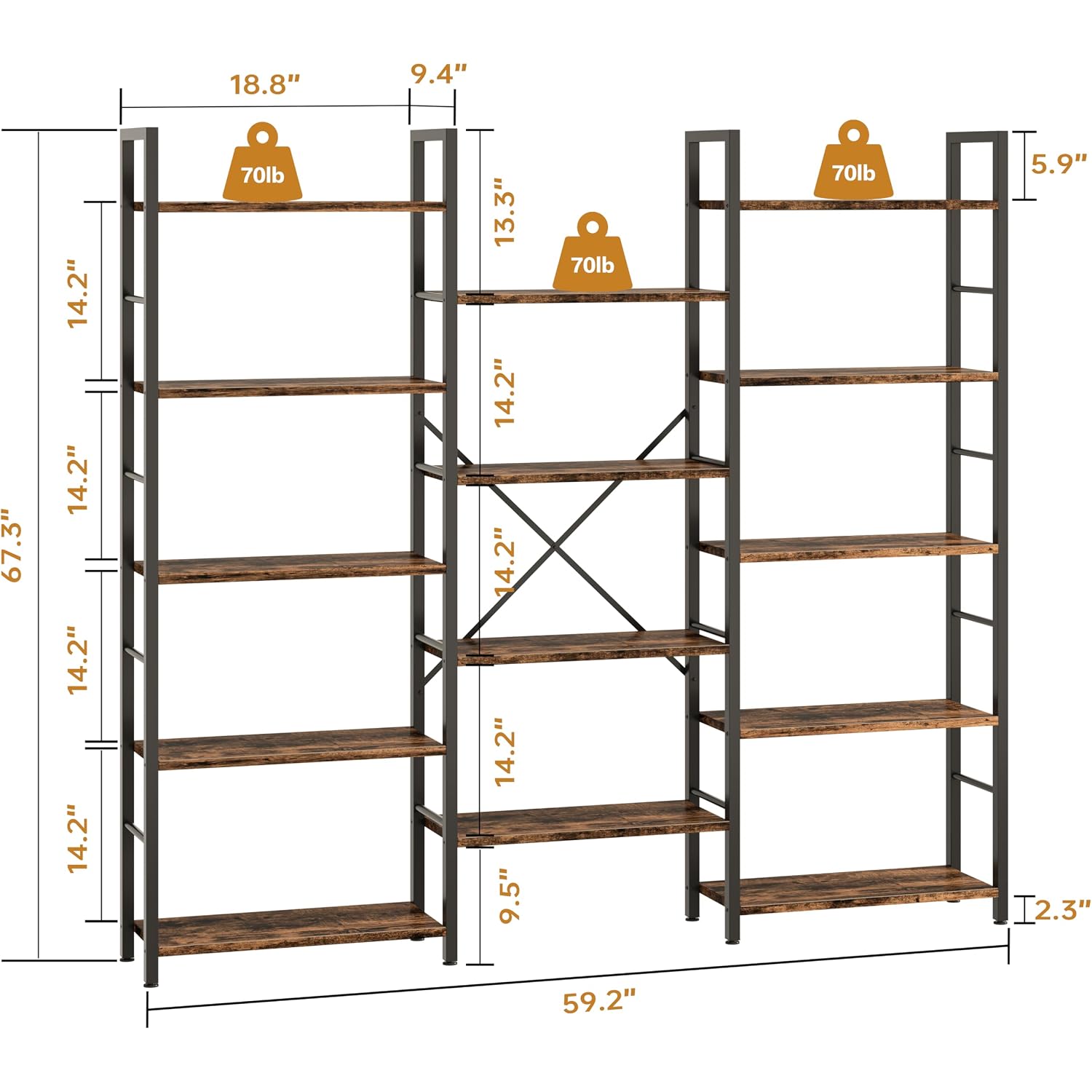 Shintenchi Triple Column 5 Tier Bookshelf, Industrial Large Bookcase Display Shelves, Large Etagere Bookshelf,Wide Book Shelf Book Case For Home & Office, Rustic Brown