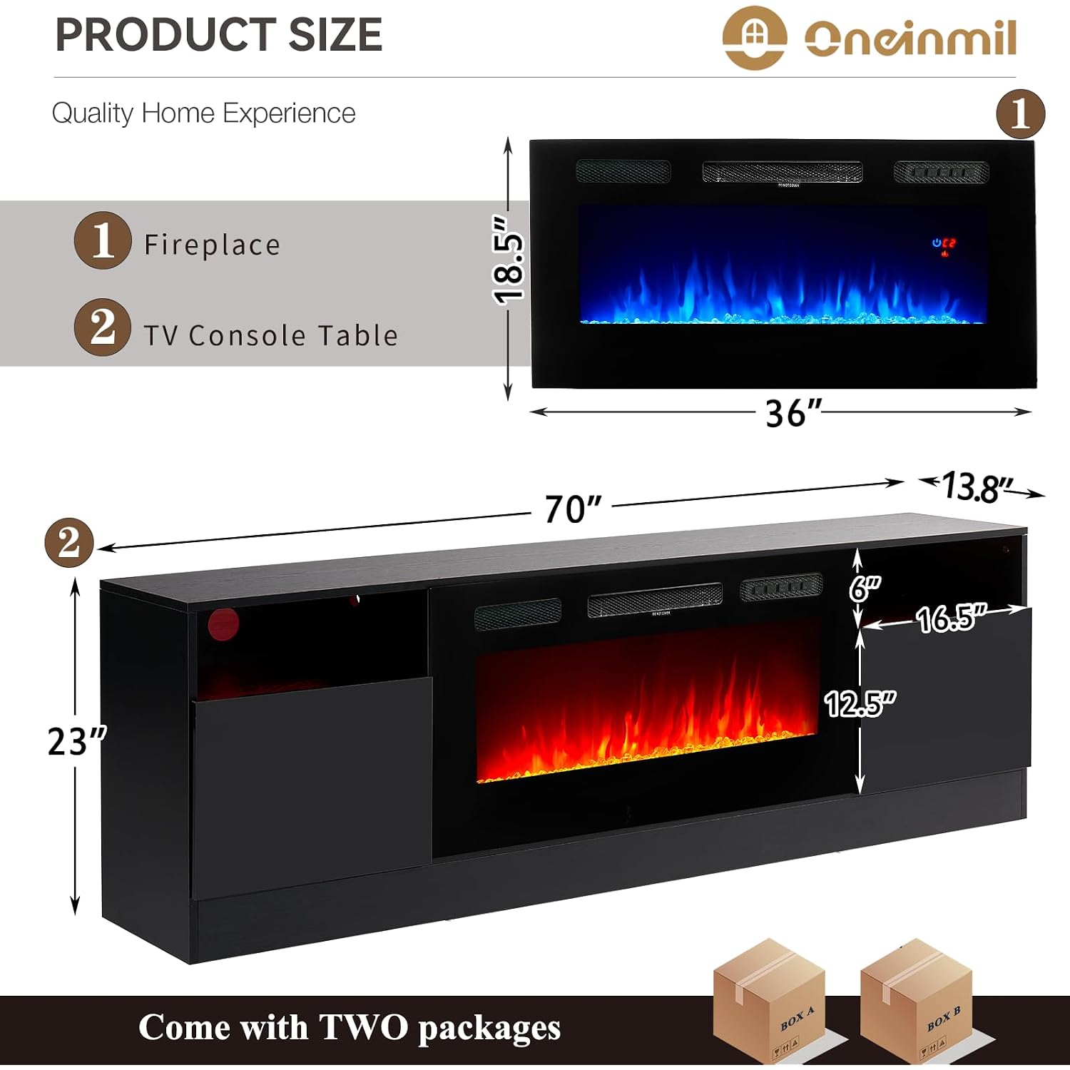 Oneinmil Fireplace Tv Stand With 36" Electric Fireplace, Led Light Entertainment Center, Modern Wood Texture Entertainment Stand With Highlight Storage Cabinet For Tvs Up To 80", 70 Inches, Black