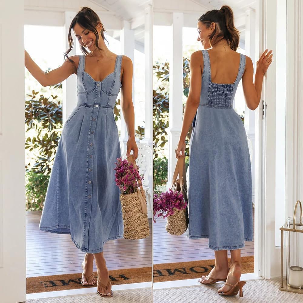 Utcoco Denim Dress For Women Sleeveless Button Down Slim Fit Midi Jean Dresses For Women 2026