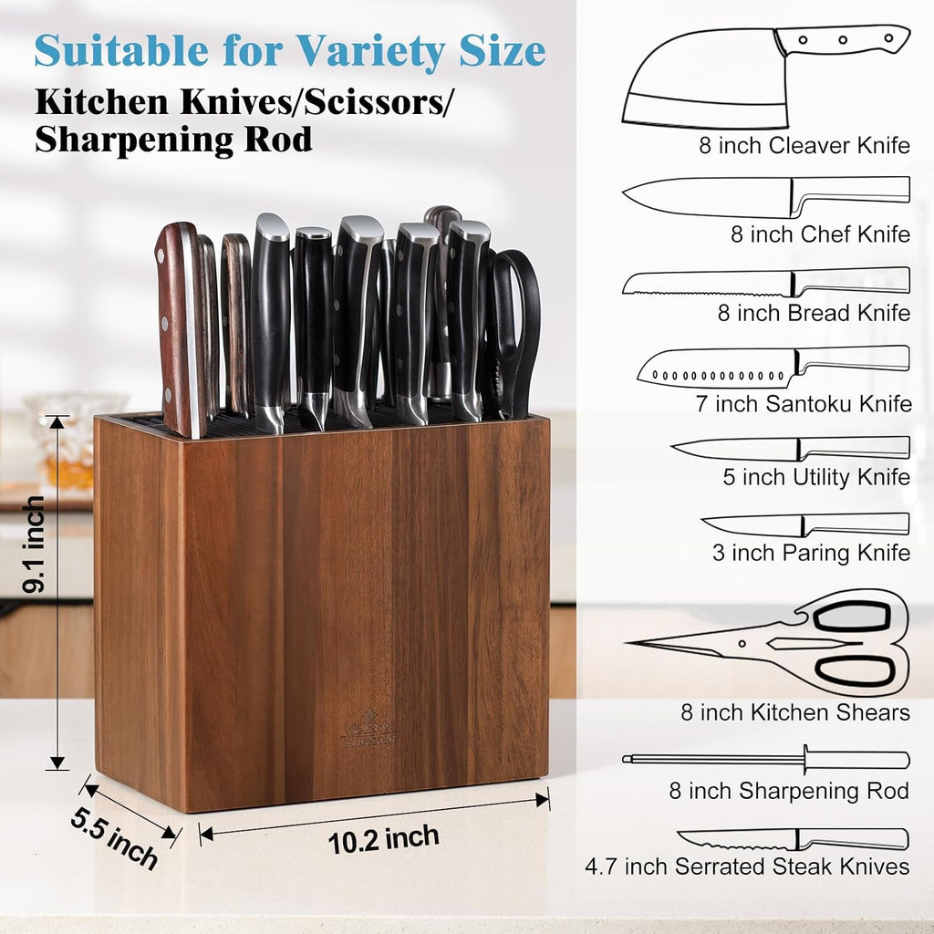 Xxl Acacia Wood Knife Holder – Large Universal Knife Block With Blade-Protecting Slots, Holds 26+ Knives, Scissors, And Sharpening Rods, Space-Saving Kitchen Storage Organizer