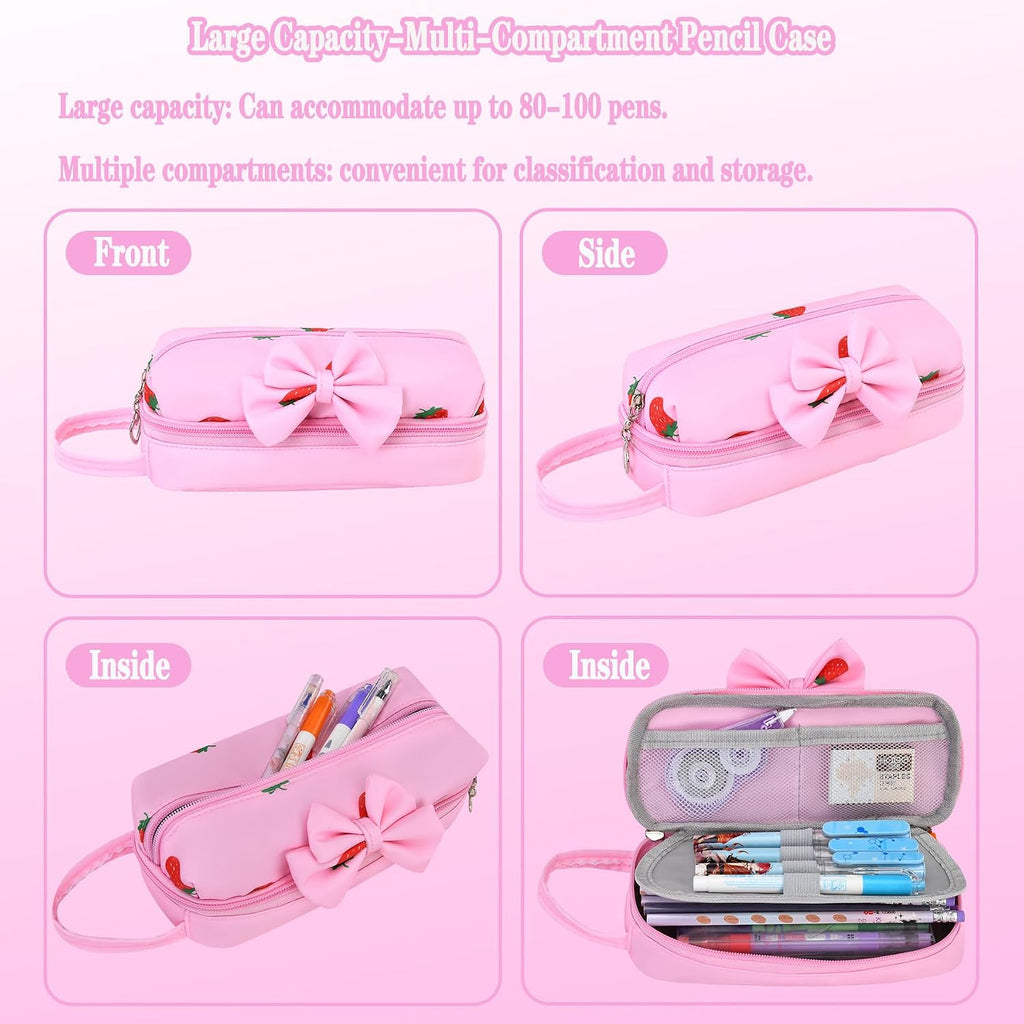 Girls Backpack Set With Lunch Box & Pencil Case, Floral Print Girls School Backpack For Elementary/Middle/High School (Pink-Strawberry)