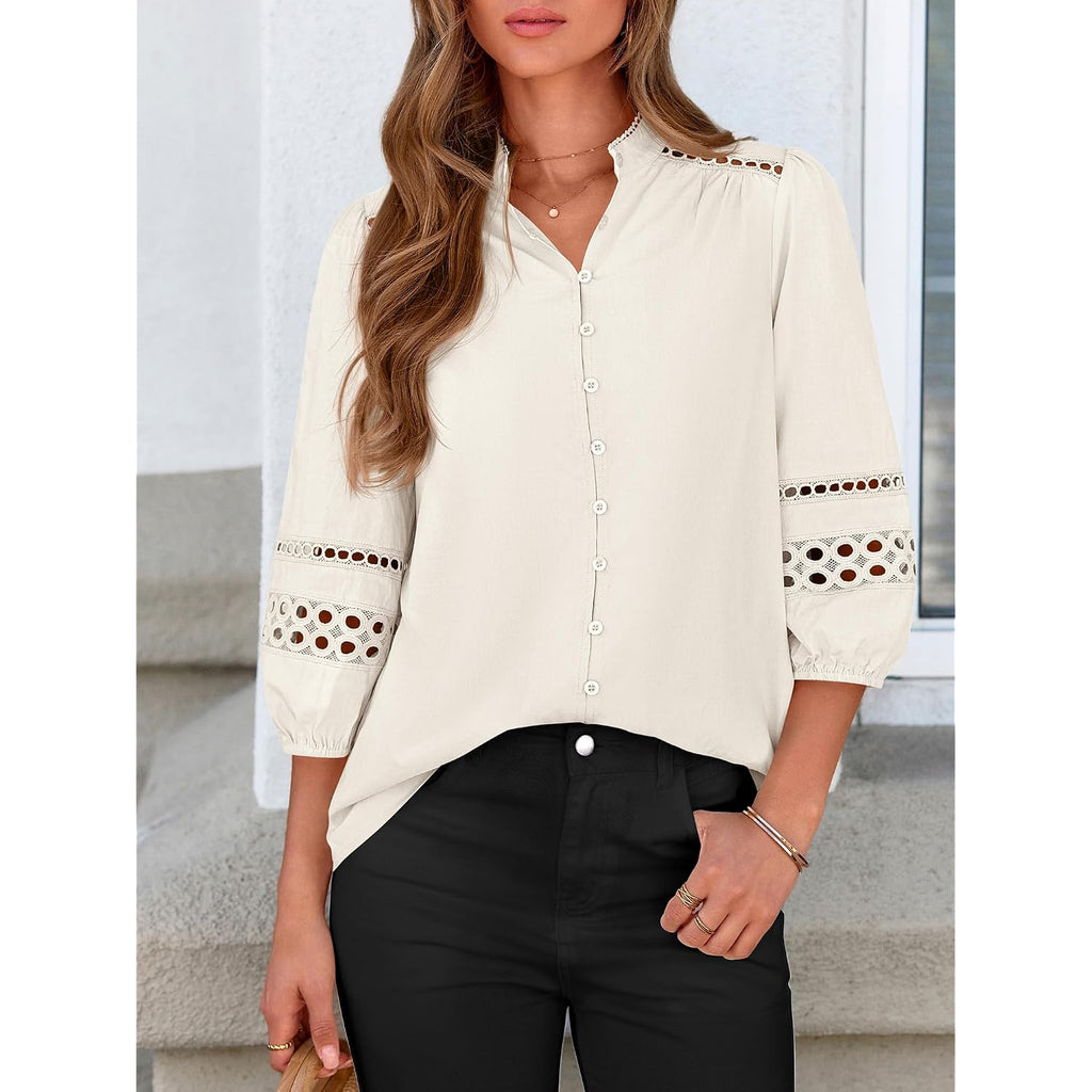 Btfbm Summer Tops For Women 2026 Eyelet Top 3/4 Length Sleeve Dressy Casual Blouses Spring Boho Button Down Shirts