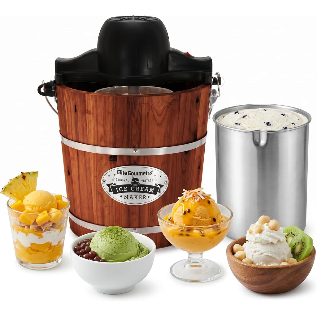 Elite Gourmet Eim418 Old Fashioned 4 Quart Vintage Walnut Wood Bucket, Electric Ice Cream Maker Machine, Uses Ice And Rock Salt Churns Ice Cream In Minutes