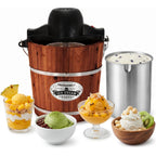 Elite Gourmet Eim418 Old Fashioned 4 Quart Vintage Walnut Wood Bucket, Electric Ice Cream Maker Machine, Uses Ice And Rock Salt Churns Ice Cream In Minutes