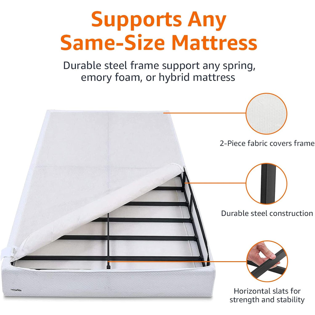 Amazon Basics Smart Box Spring Bed Base, 5-Inch Low Profile Height Mattress Foundation, Sturdy Durable Steel Support, Tool-Free Easy Assembly, Queen, 79" X 59.5" X 5", White