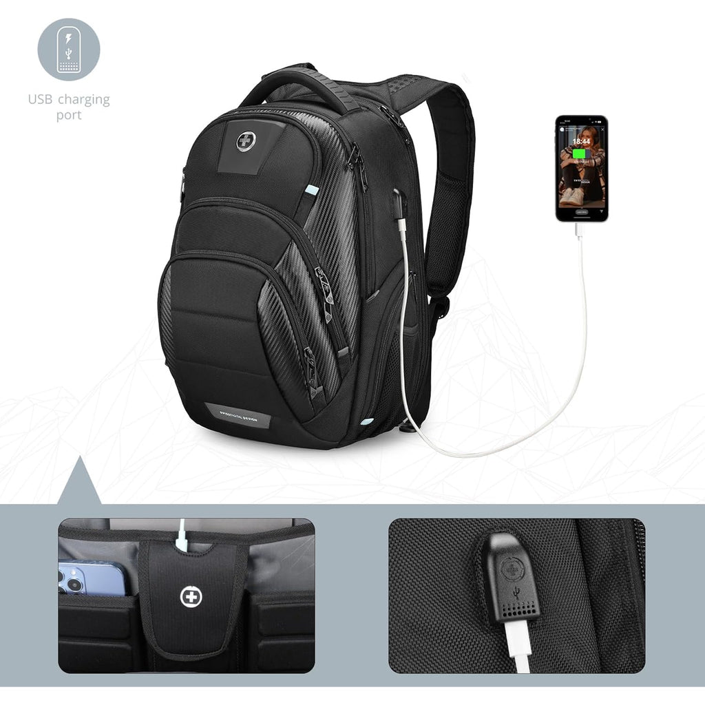Swissdigital Design Men'S 17 Inch Laptop Backpack With Apple Find My Network And Usb Charging Port, Large Capacity Business Travel Backpack For College And Business Black | Sd1643Fb-01