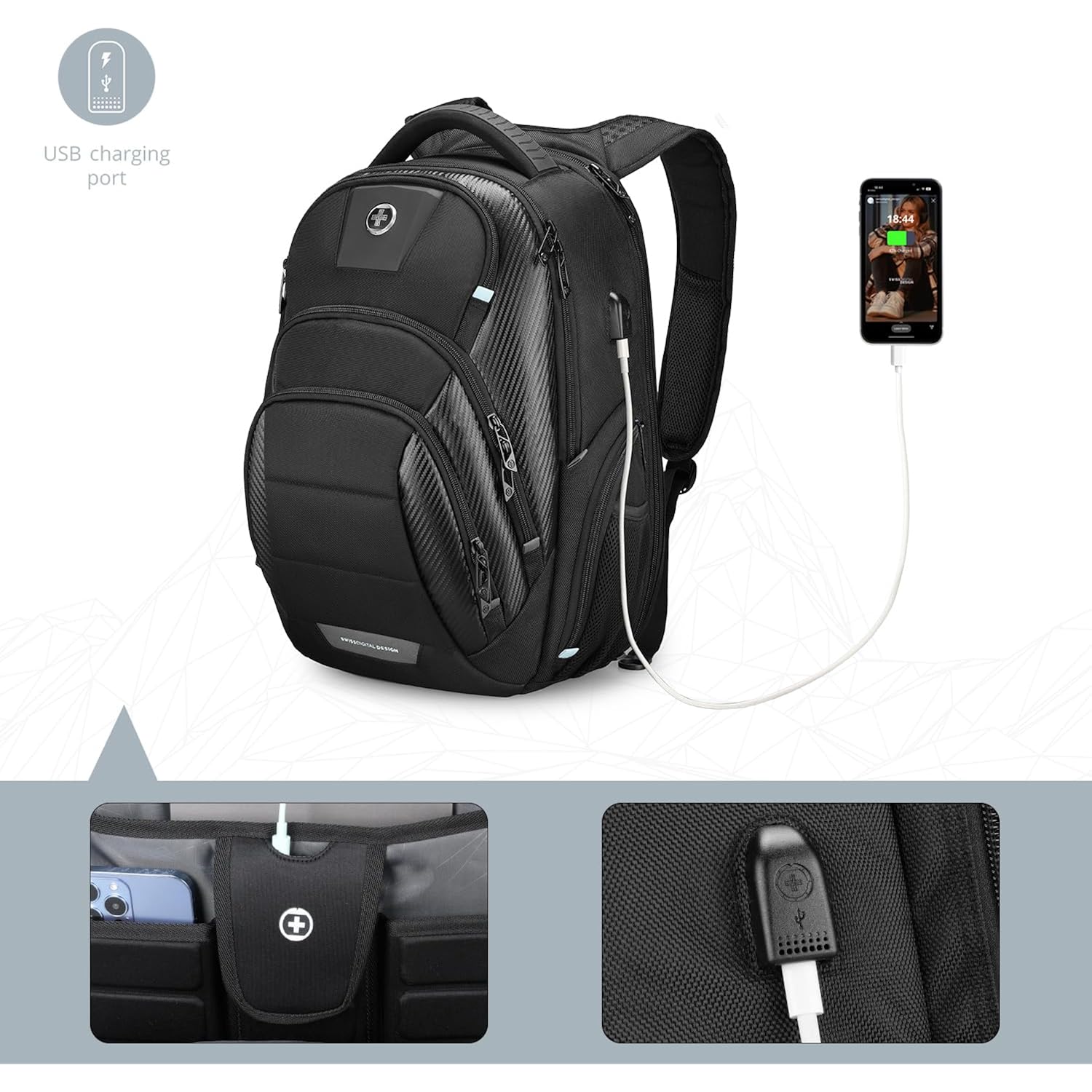 Swissdigital Design Men'S 17 Inch Laptop Backpack With Apple Find My Network And Usb Charging Port, Large Capacity Business Travel Backpack For College And Business Black | Sd1643Fb-01