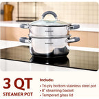 Sunhouse 3-Quart Stainless Steel Steamer Pot For Cooking | Steaming Pot With Glass Lid & Steamer Basket - 2 Tier Tri-Ply Stovetop Steamer For Vegetable, Veggie - Induction Compatible