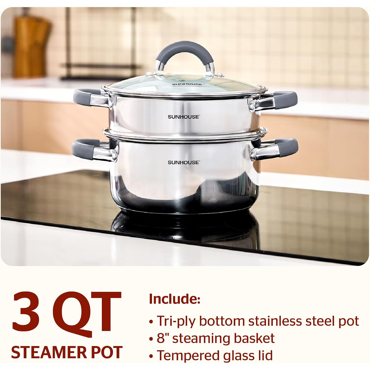 Sunhouse 3-Quart Stainless Steel Steamer Pot For Cooking | Steaming Pot With Glass Lid & Steamer Basket - 2 Tier Tri-Ply Stovetop Steamer For Vegetable, Veggie - Induction Compatible