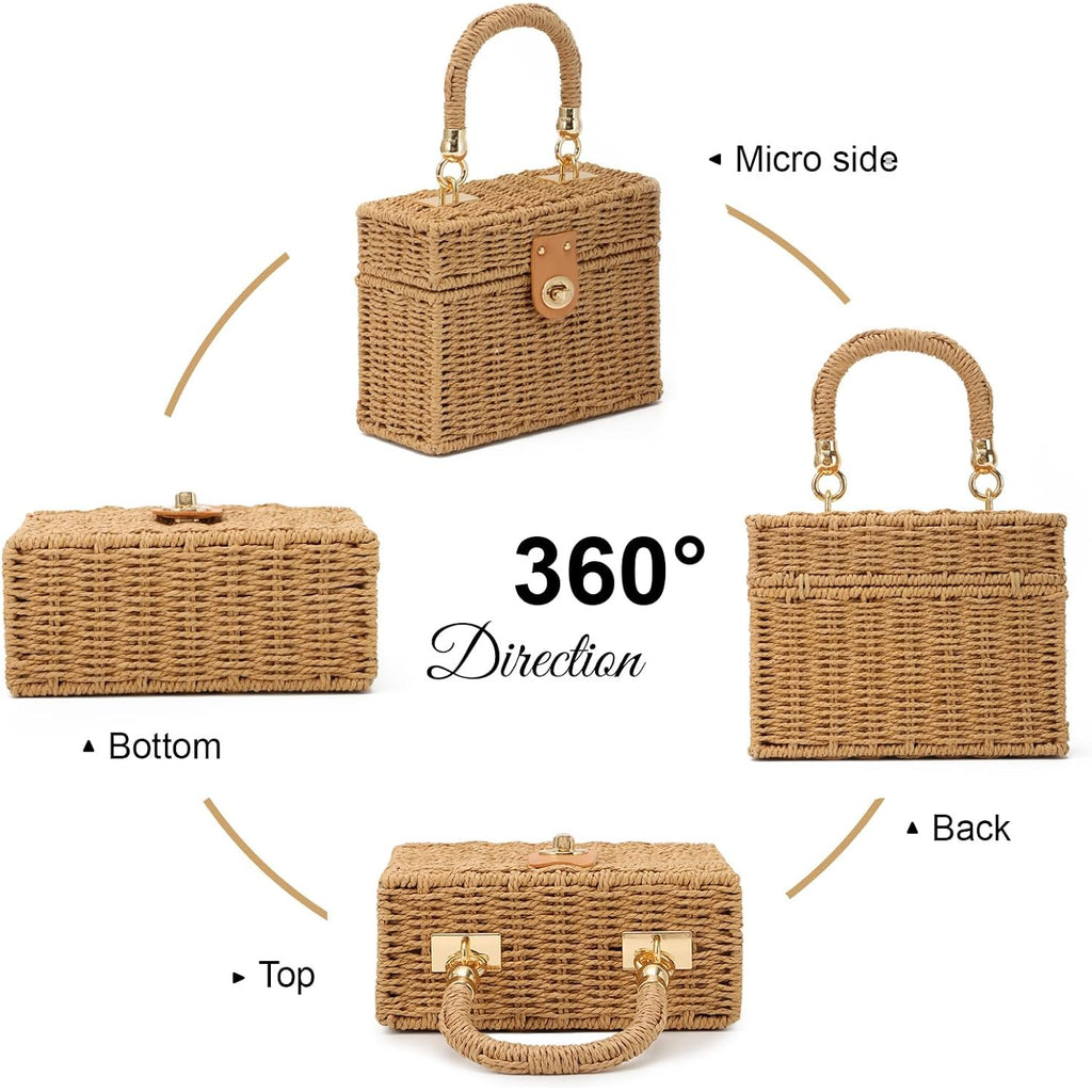 Kuang! Handwoven Rattan Bag For Women Woven Straw Square Crossbody Bag Vintage Basket Purse Beach Tote Bag